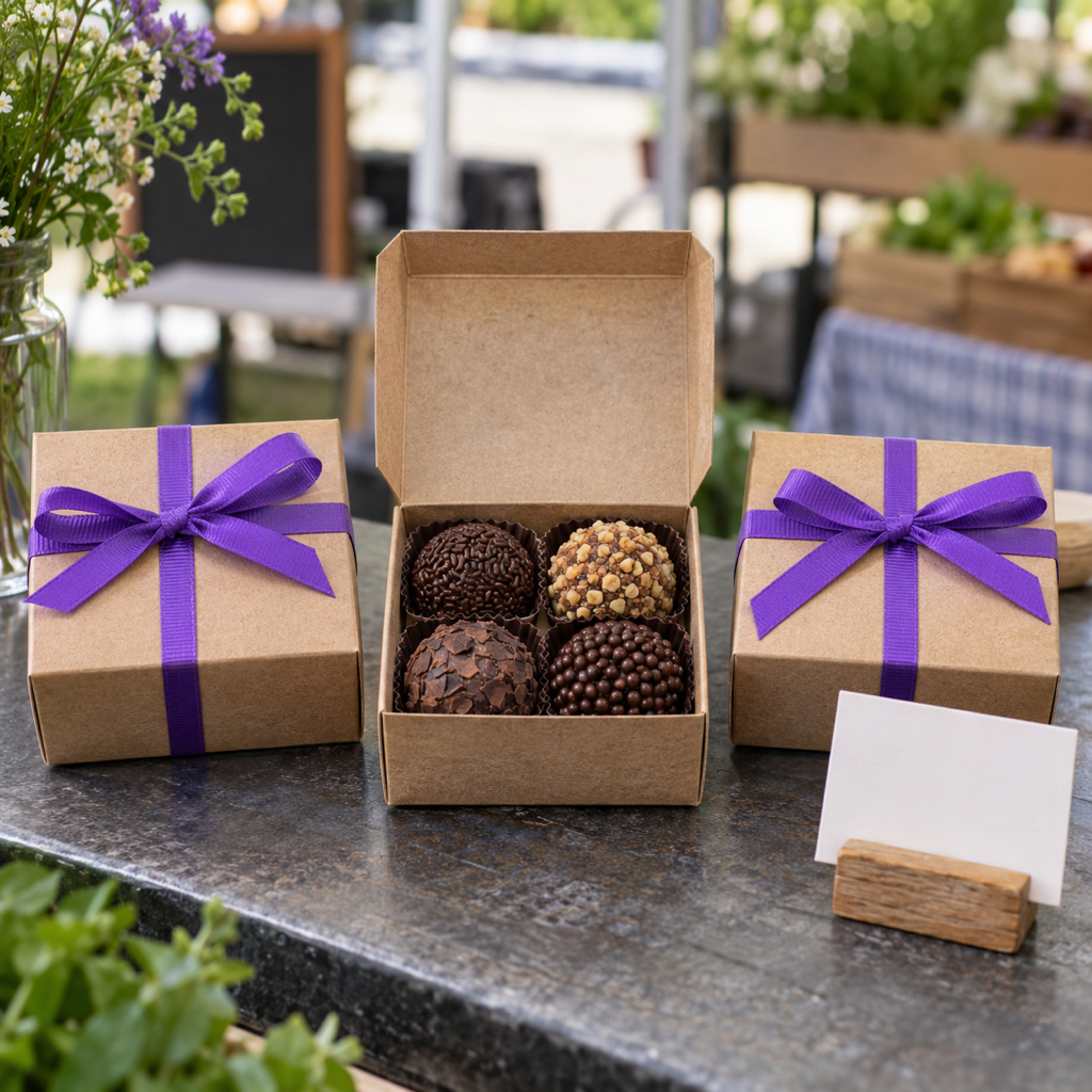Três caixinhas de brigadeiro gourmet lado a lado na bancada, uma aberta mostrando quatro brigadeiros, ao lado de uma plaquinha de preço em branco