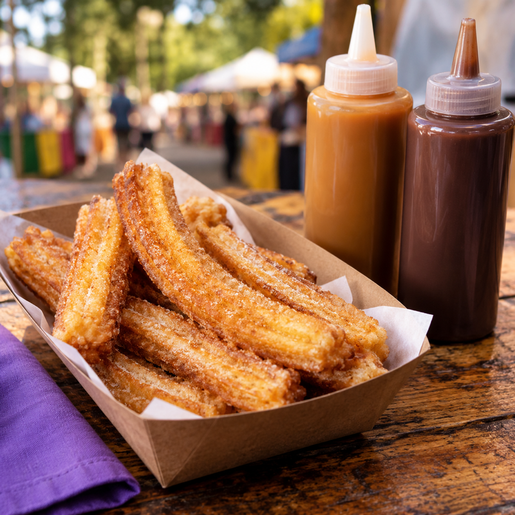 Churros recheados na bandeja ao lado de bisnagas de doce de leite e de chocolate, o produto usado em todas as contas do texto