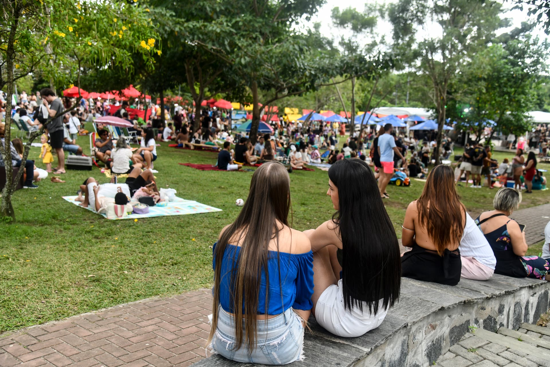 Público sentado na grama e em toalhas no Parque Apipucos, com barracas de tendas coloridas da feira ao fundo.